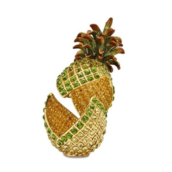 Pewter Bejeweled Yellow Green Crystals All Welcome Crystal Pineapple Trinket Box - Picture 3 of 5